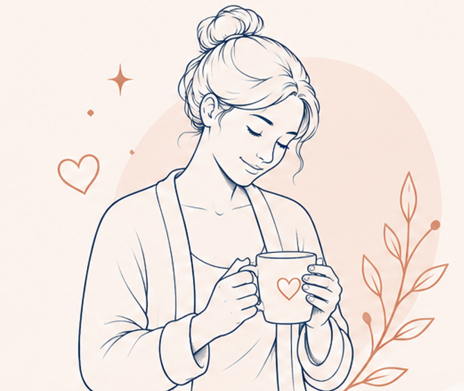 Ilustración mujer con taza Noctua Care